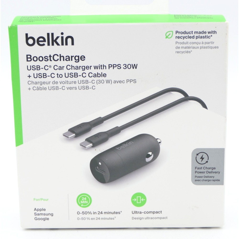 Belkin BoostCharge USB-C Car Charger w/ PPS 30W + USB-C to USB-C Cable Black